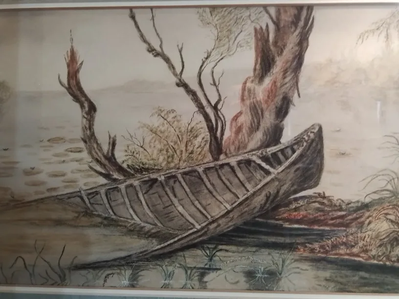 MCM Framed Evocative Beached Canoe Watercolour Painting 28"💚 image indicator(5)