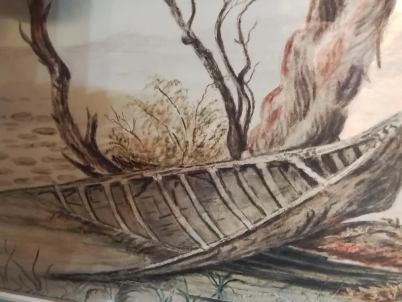 MCM Framed Evocative Beached Canoe Watercolour Painting 28"💚 image indicator(8)