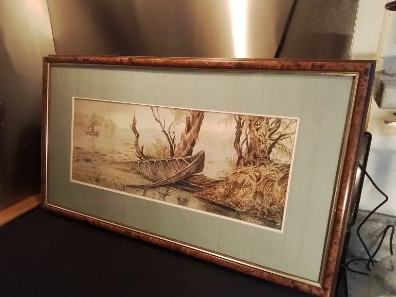 MCM Framed Evocative Beached Canoe Watercolour Painting 28"💚 image indicator(9)