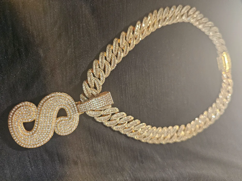 Gold Iced-Out S Pendant with Cuban Link Chain image indicator(4)