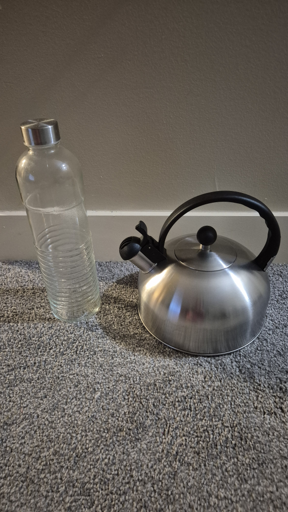 Stainless Steel Kettle and glass water bottle