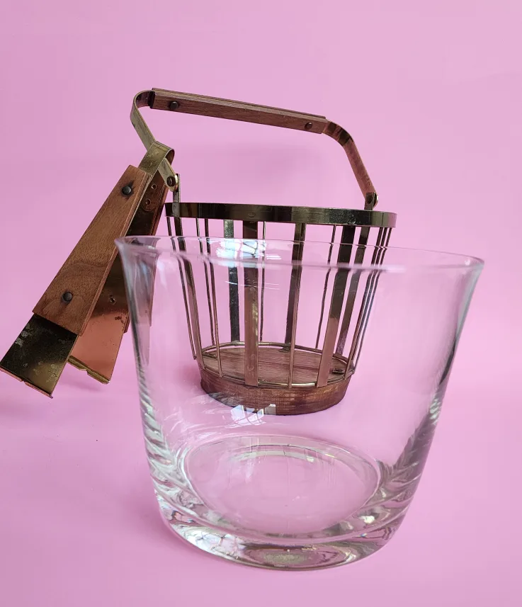 Mid-Century Modern Brass and Glass Ice Bucket with Tongs image indicator(2)