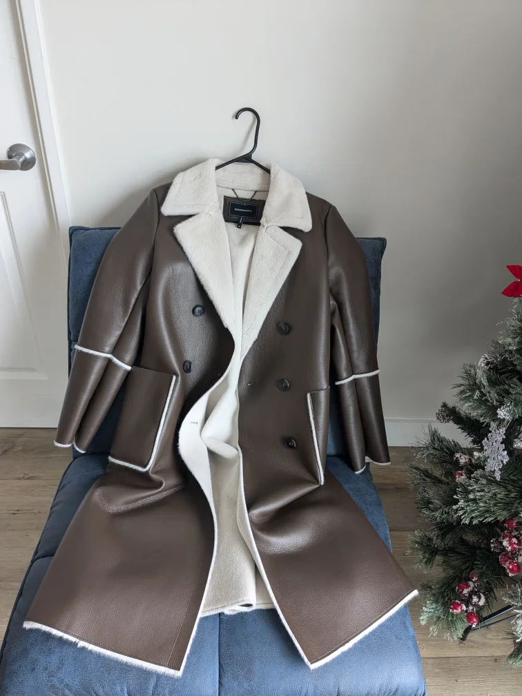 BCBGMAXAZRIA Brown Faux Leather Double Breasted Long Coat thumbnail