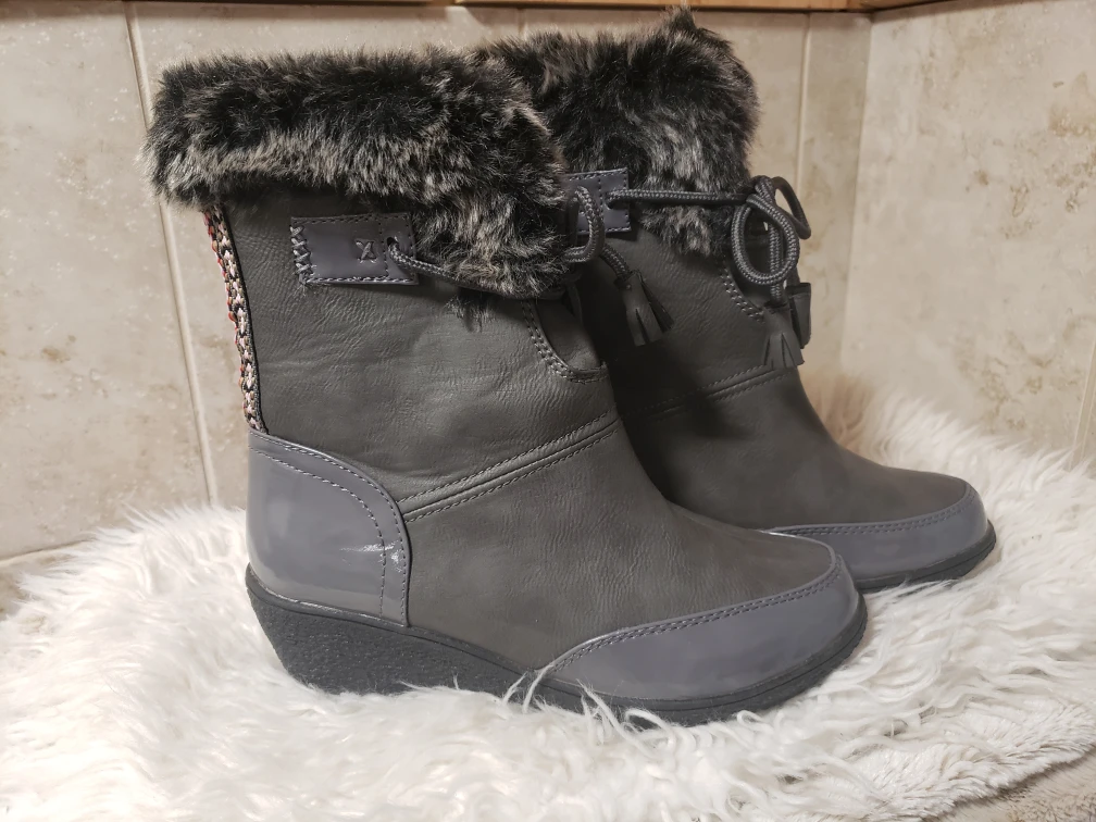Women's Gray Faux Fur Trim Wedge Winter Boots - photo 3