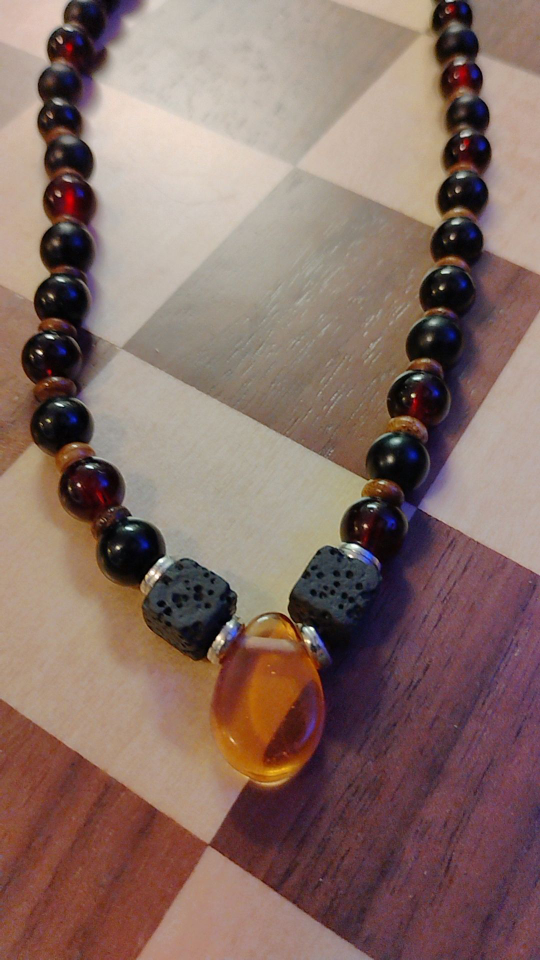 onyx & obsidian beaded necklace w/ amber & Lava Rock Pendant