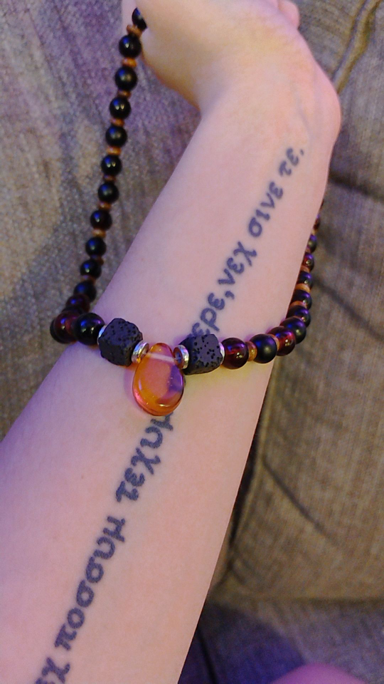 onyx & obsidian beaded necklace w/ amber & Lava Rock Pendant - photo 2
