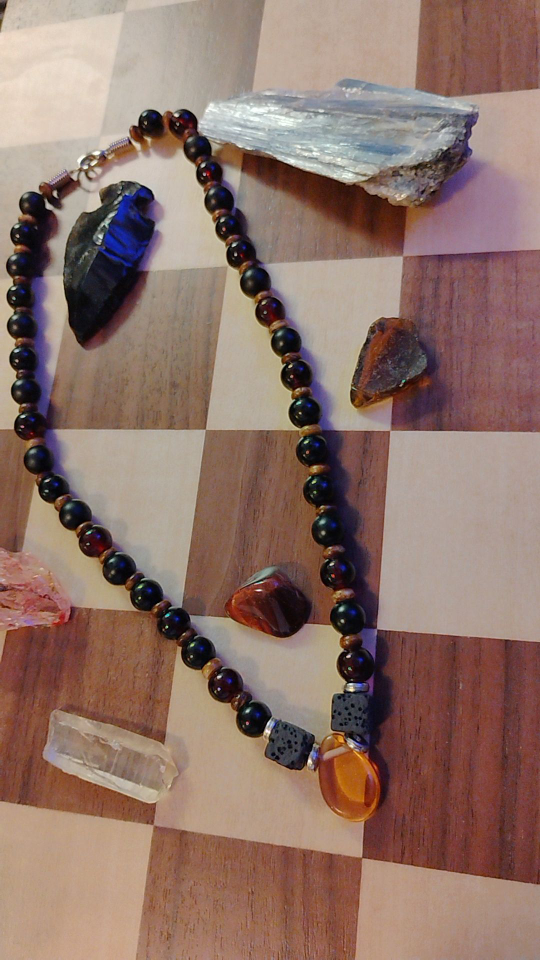 onyx & obsidian beaded necklace w/ amber & Lava Rock Pendant - photo 3