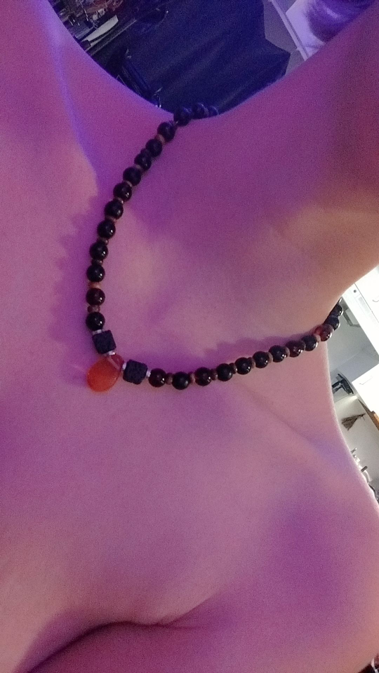 onyx & obsidian beaded necklace w/ amber & Lava Rock Pendant - photo 4
