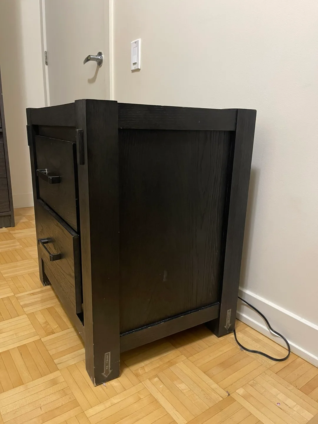 Black Nightstand with Two Drawers and a charging port image indicator(2)