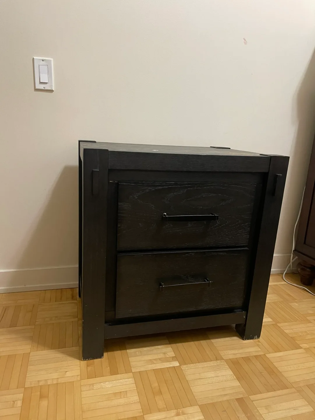 Black Nightstand with Two Drawers and a charging port image indicator(3)