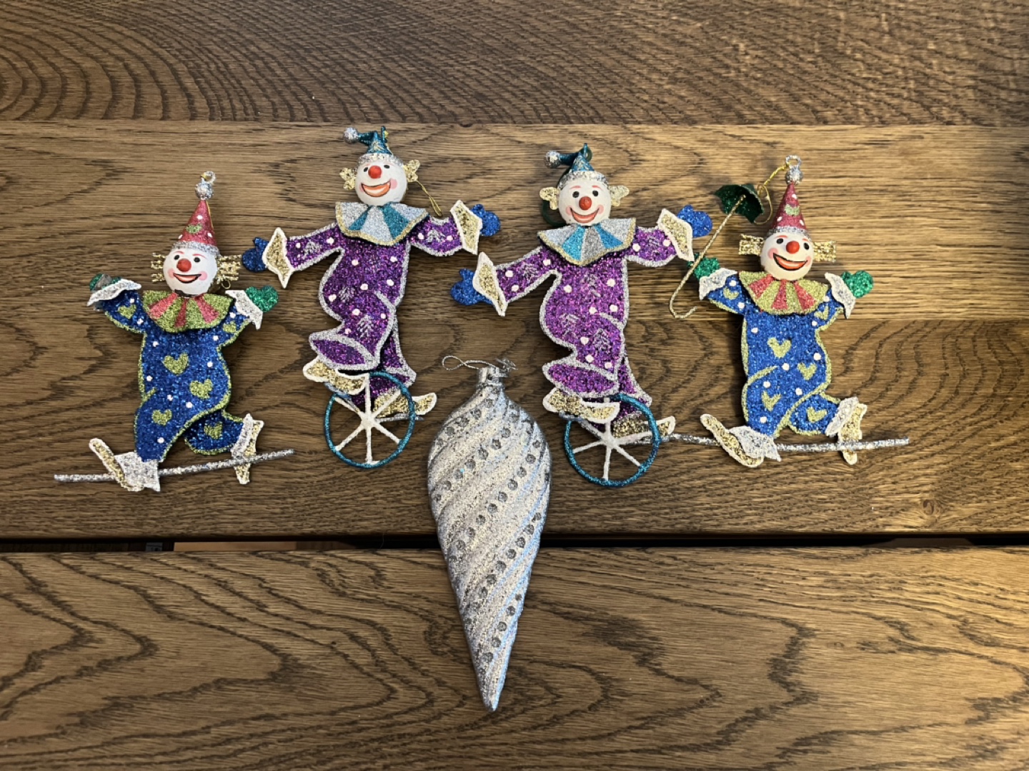 Vintage Set of 5 Glitter Clown Ornaments