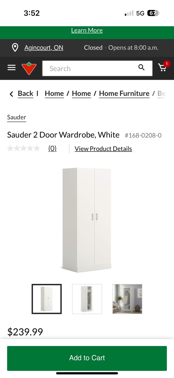 Sauder 2 Door White Wardrobe