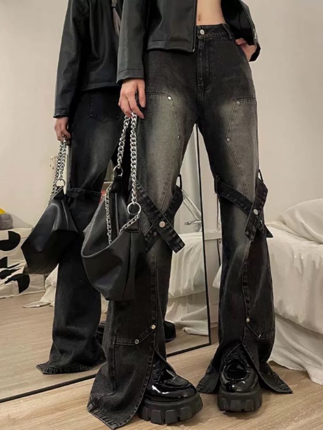 Black Ribbon Flare Jeans