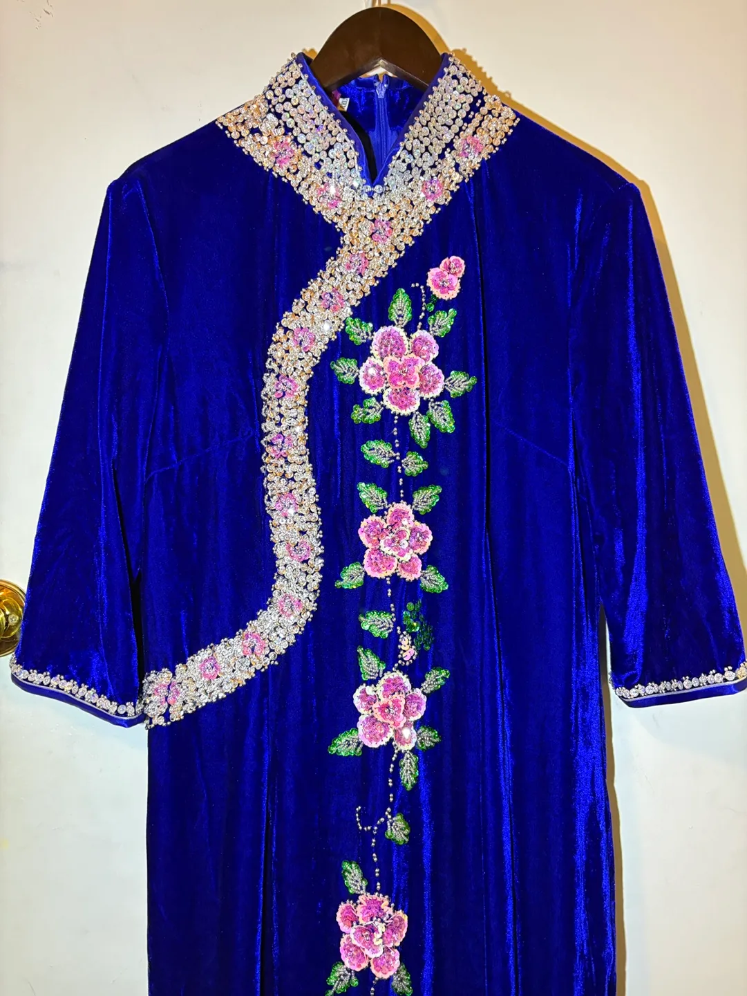 *New* Flower Chinese Blue Velvet cheongsam qipao hand sewn beads image indicator(2)