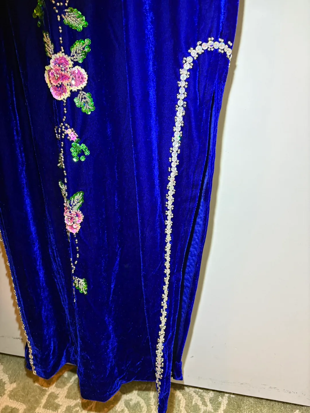 *New* Flower Chinese Blue Velvet cheongsam qipao hand sewn beads image indicator(6)