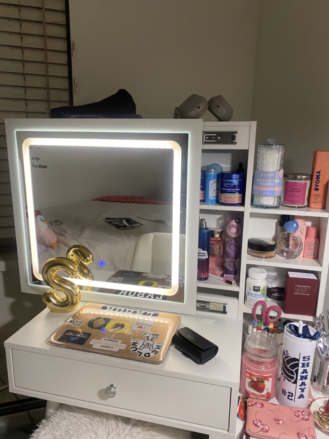 White Vanity Desk with Mirror and Storage