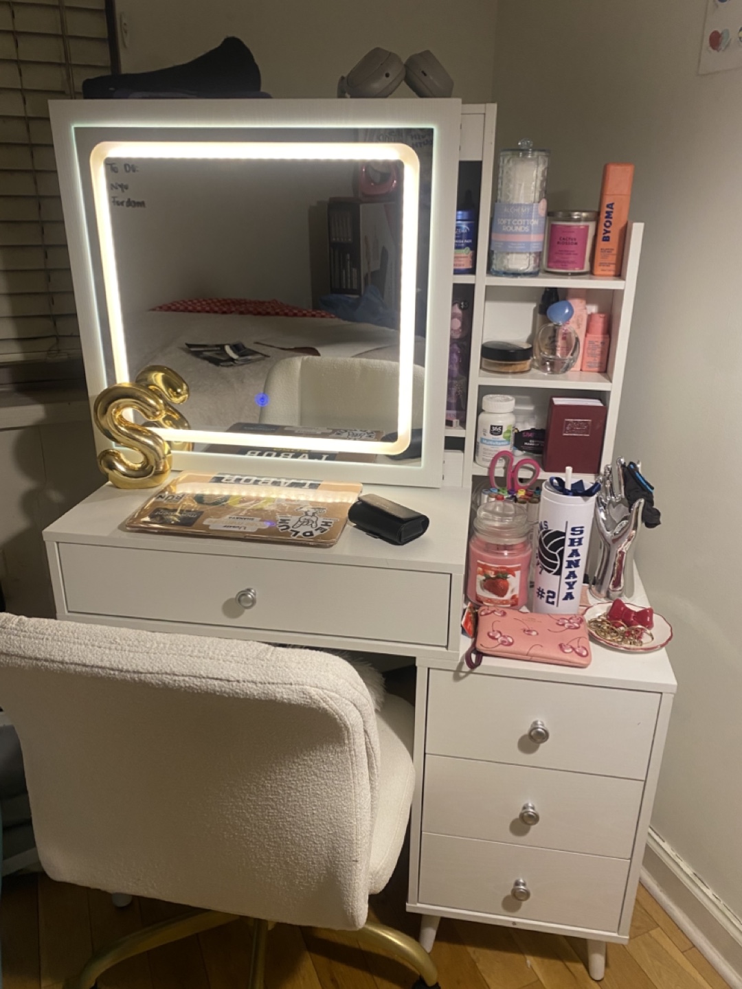 White Vanity Desk with Mirror and Storage - photo 2