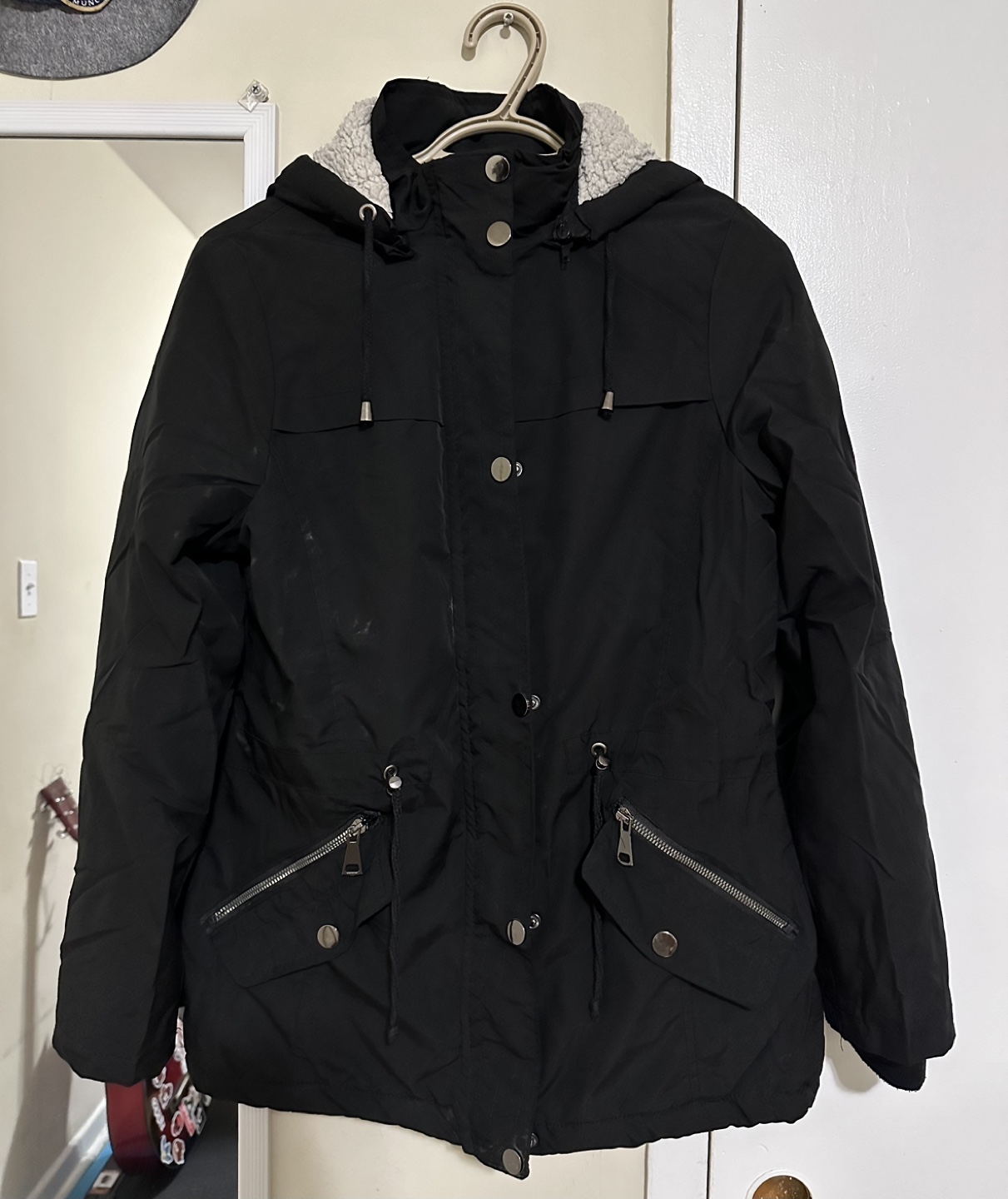 Black Winter Jacket with Sherpa Hood