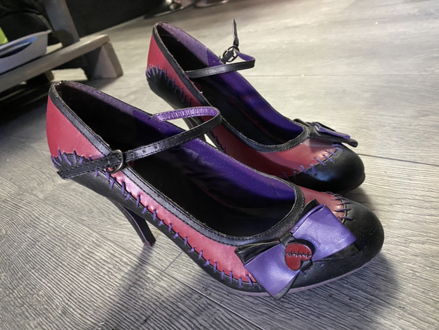 Black and Red High Heel Shoes with Purple Bows