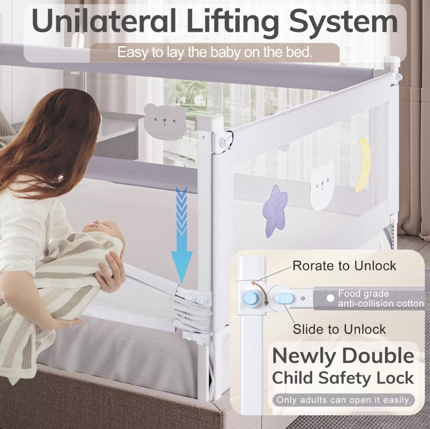 3-Side Bed Rail Guard for Toddlers and Babies, Adjustable Height - photo 2