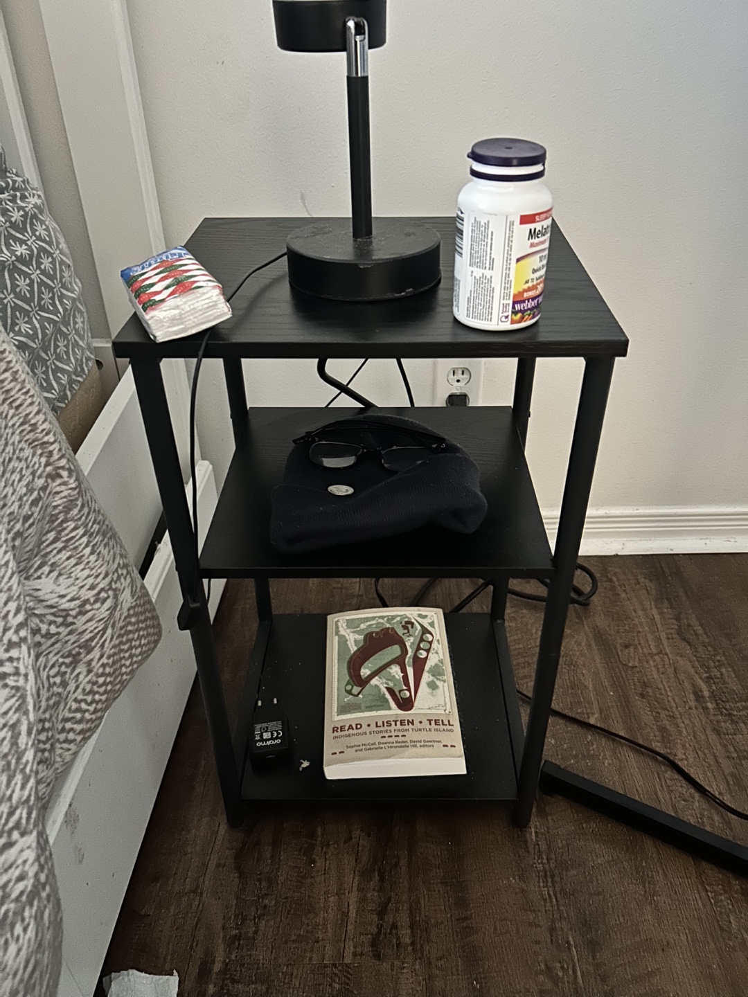 Black 3-Shelf Nightstand with Built-in Outlets