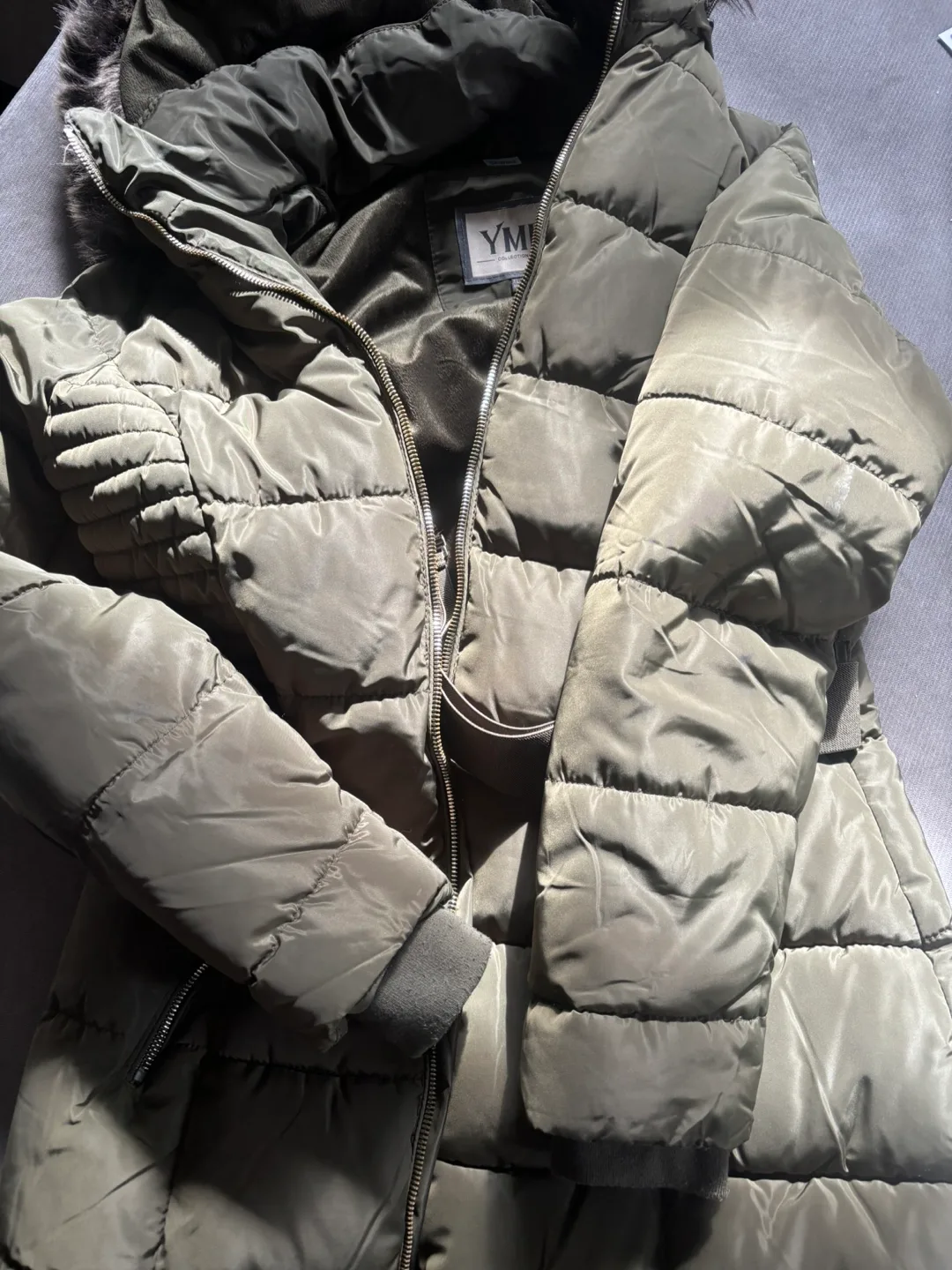 YMI Green Puffer Jacket with Faux Fur Hood image indicator(2)