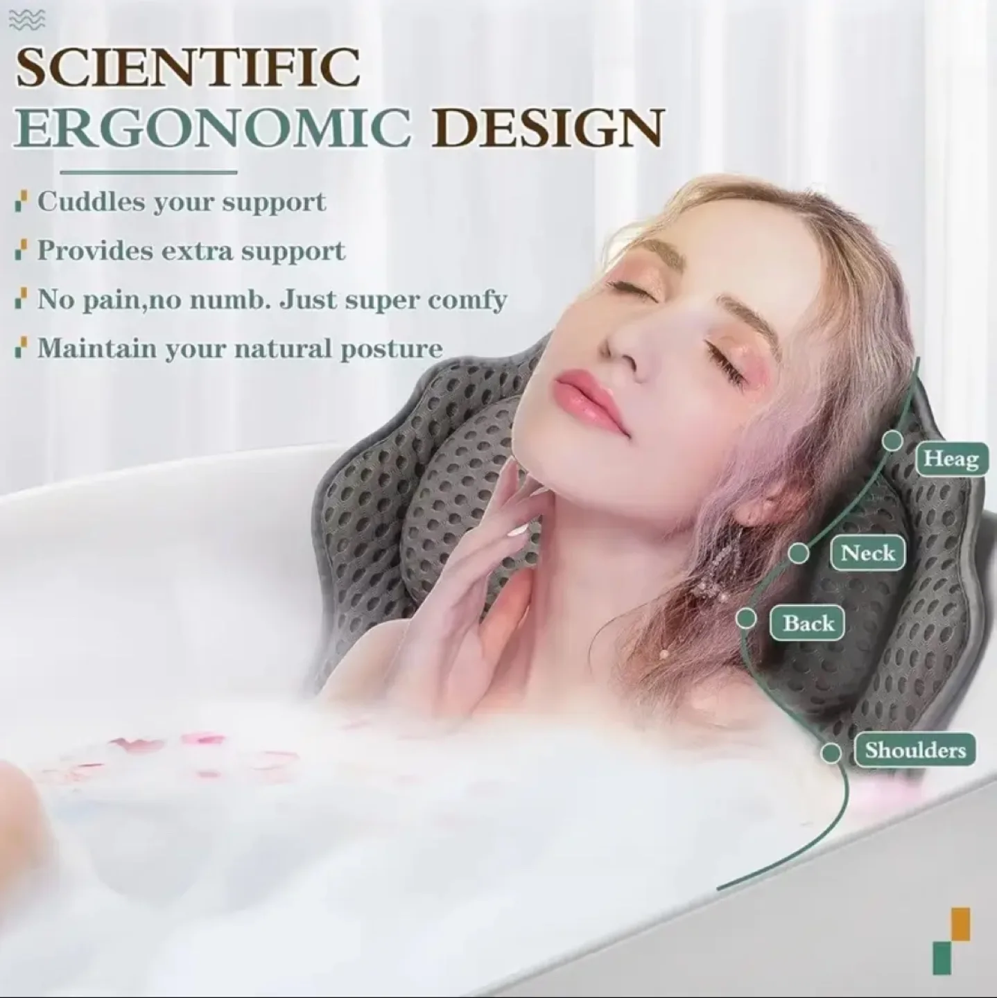 Bath Tub Pillow - Ergonomic Design - 6 Suction Cups - Grey image indicator(2)