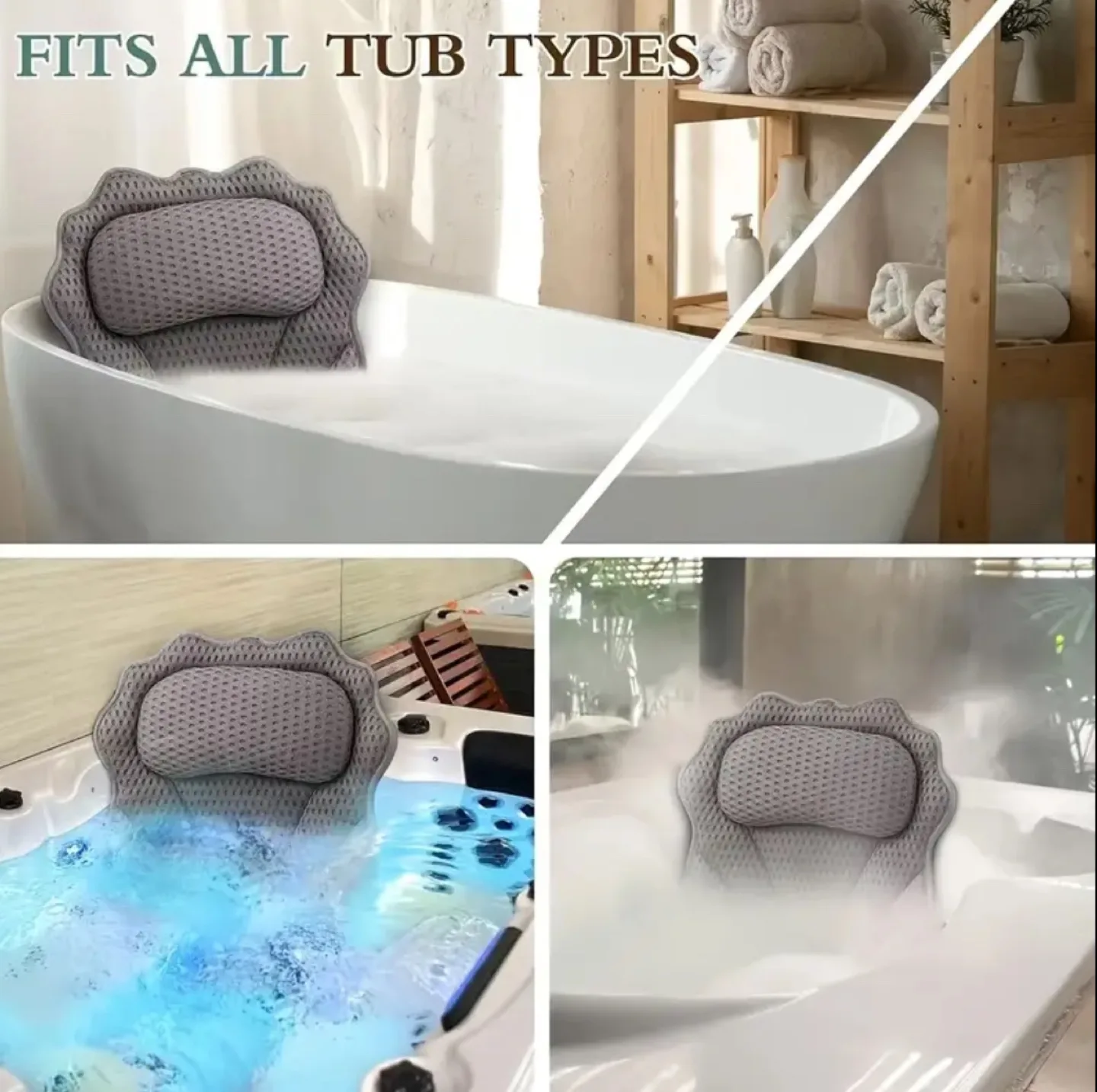 Bath Tub Pillow - Ergonomic Design - 6 Suction Cups - Grey image indicator(5)