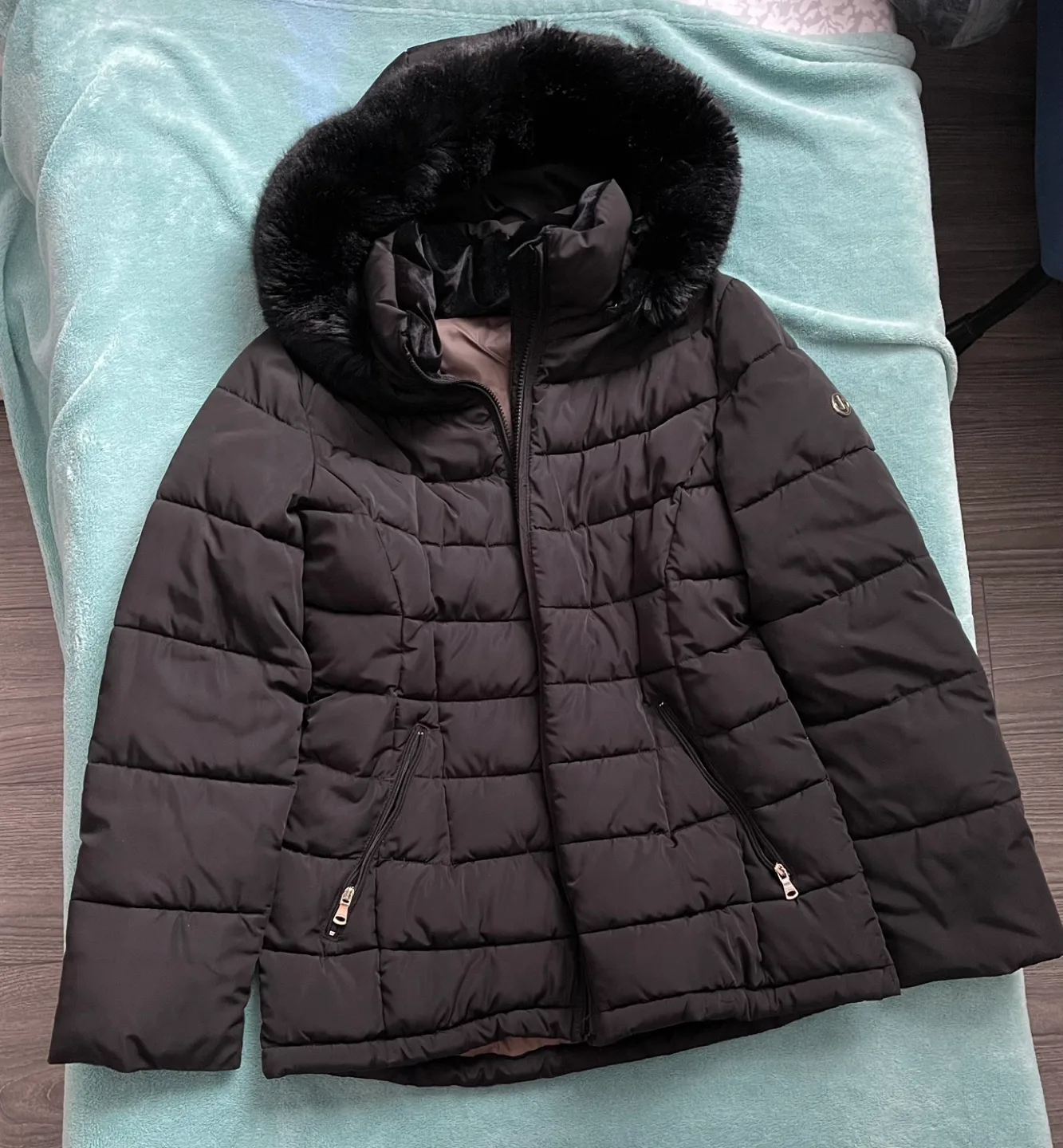 Black CK Puffer Jacket with Fur Hood thumbnail