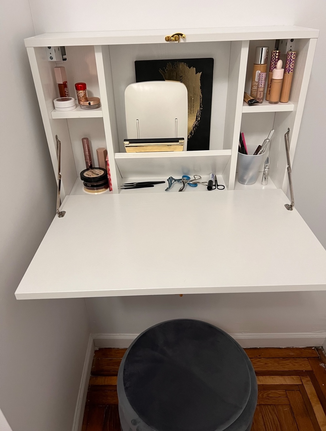 Wall Mounted Folding Desk with Storage Shelves and Drawer- White - photo 5