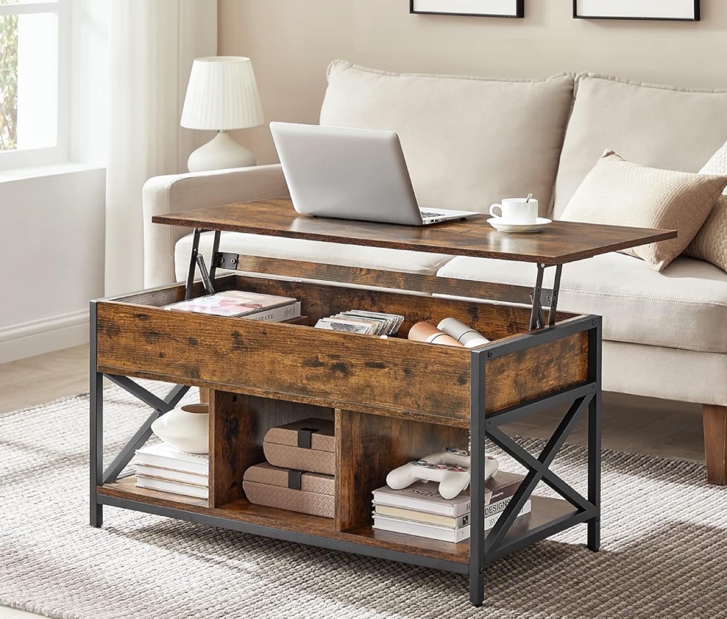 Lift Top Coffee Table with Hidden Compartments and Storage Shelf - photo 3