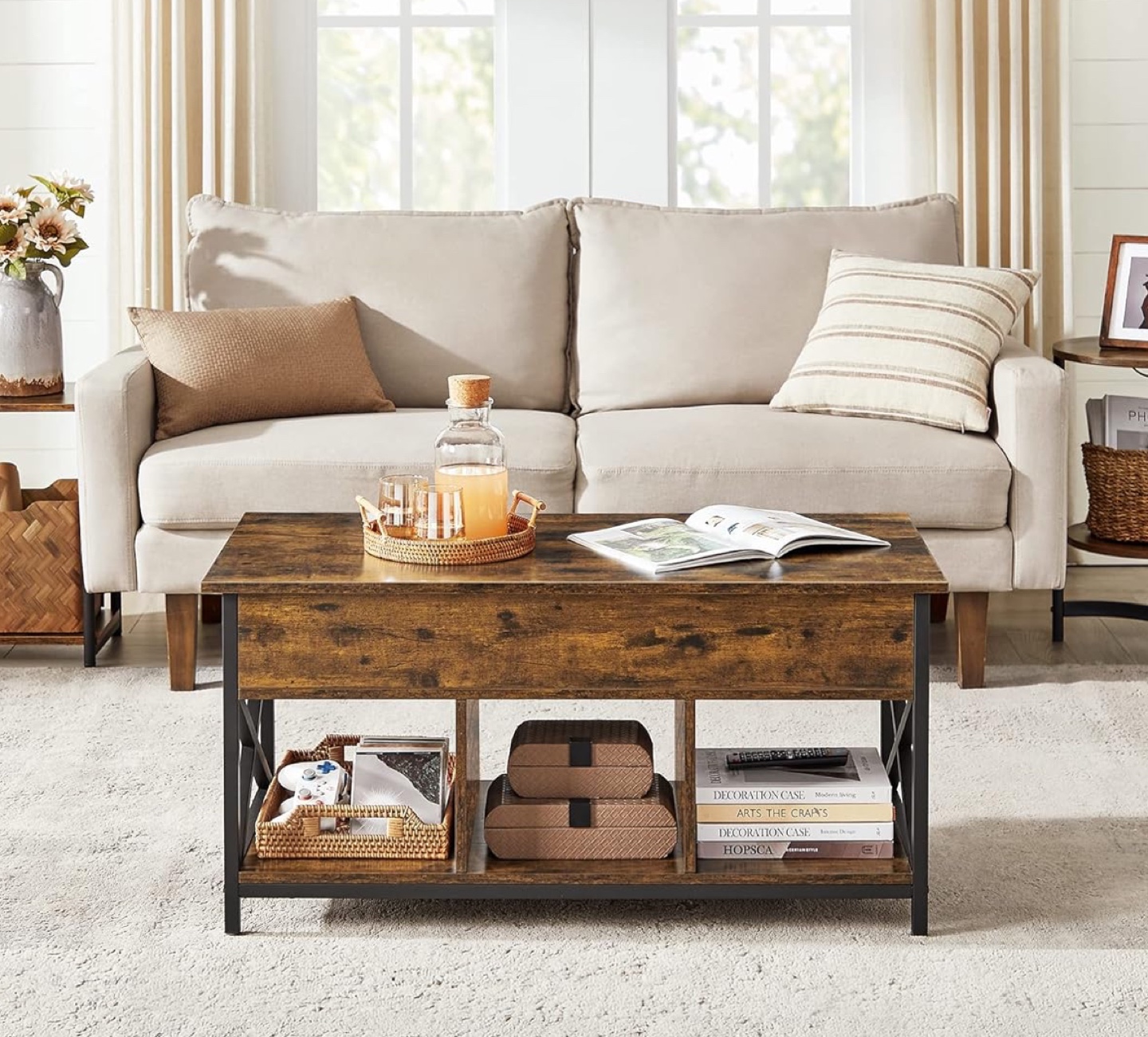 Lift Top Coffee Table with Hidden Compartments and Storage Shelf - photo 2
