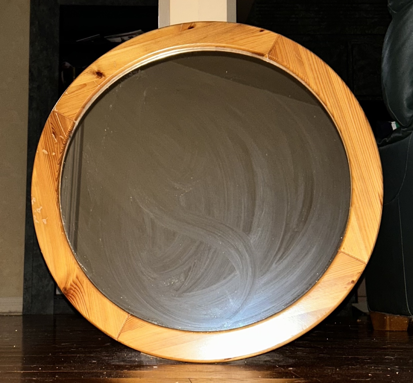 Large Round Mirror with Wooden Frame