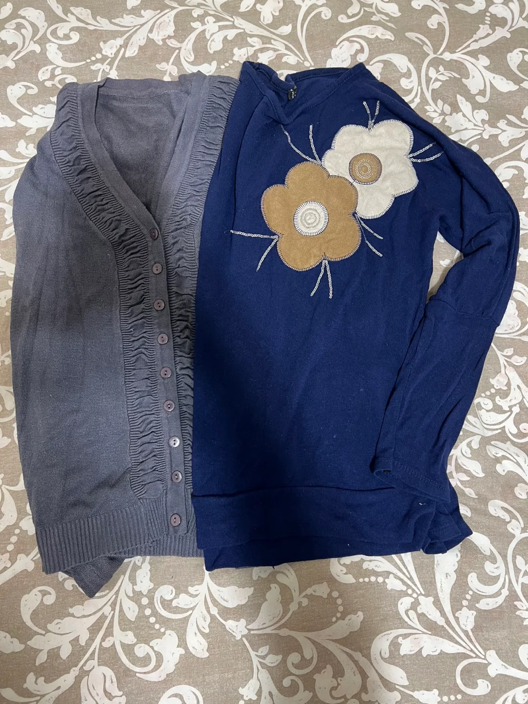 Two Women's Tops, Gray Cardigan and Blue Long Sleeve thumbnail