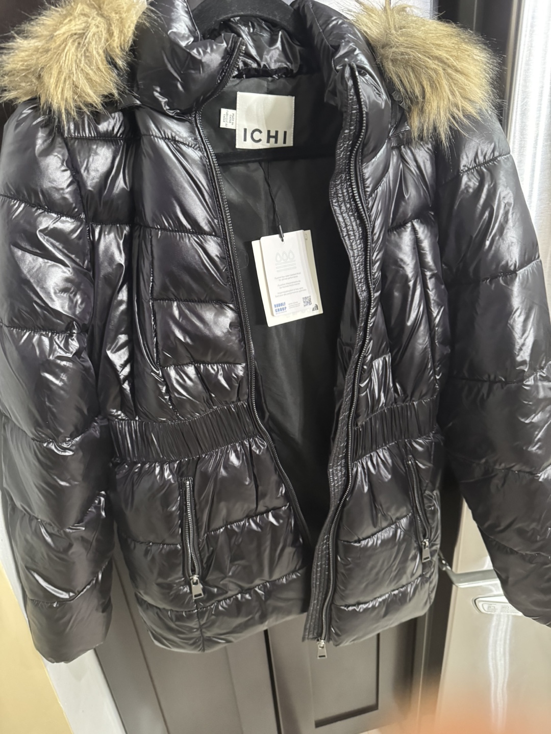 Black ICHI Puffer Jacket with Faux Fur Hood - photo 4