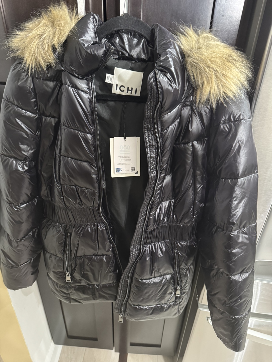 Black ICHI Puffer Jacket with Faux Fur Hood - photo 2