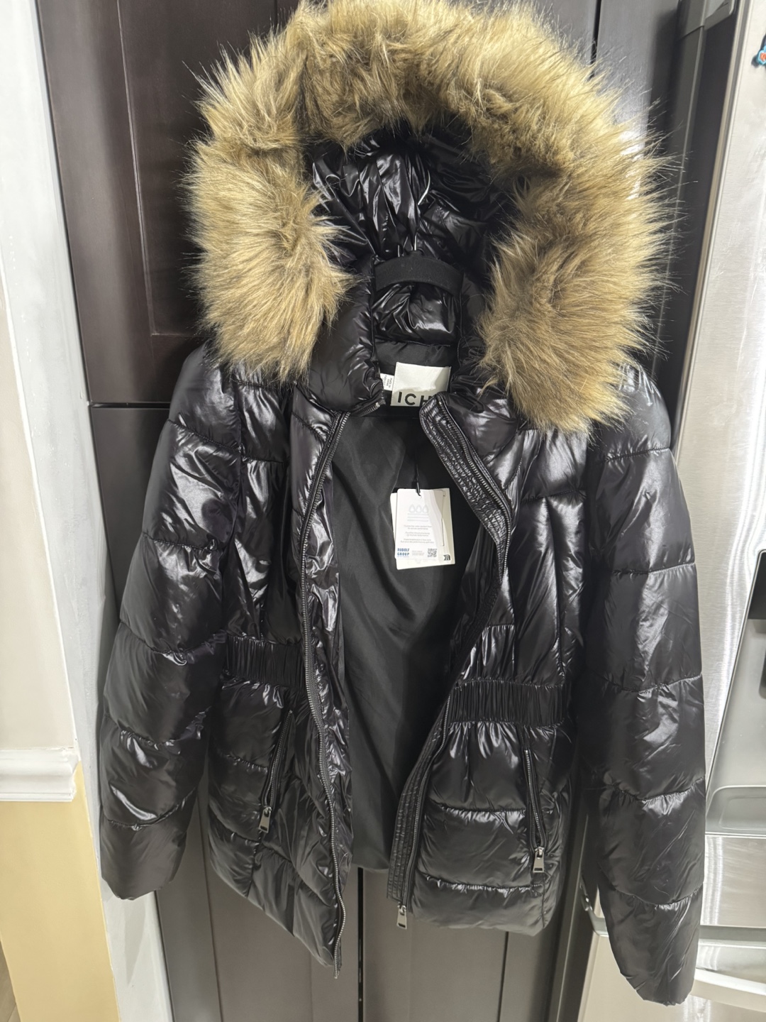 Black ICHI Puffer Jacket with Faux Fur Hood - photo 5