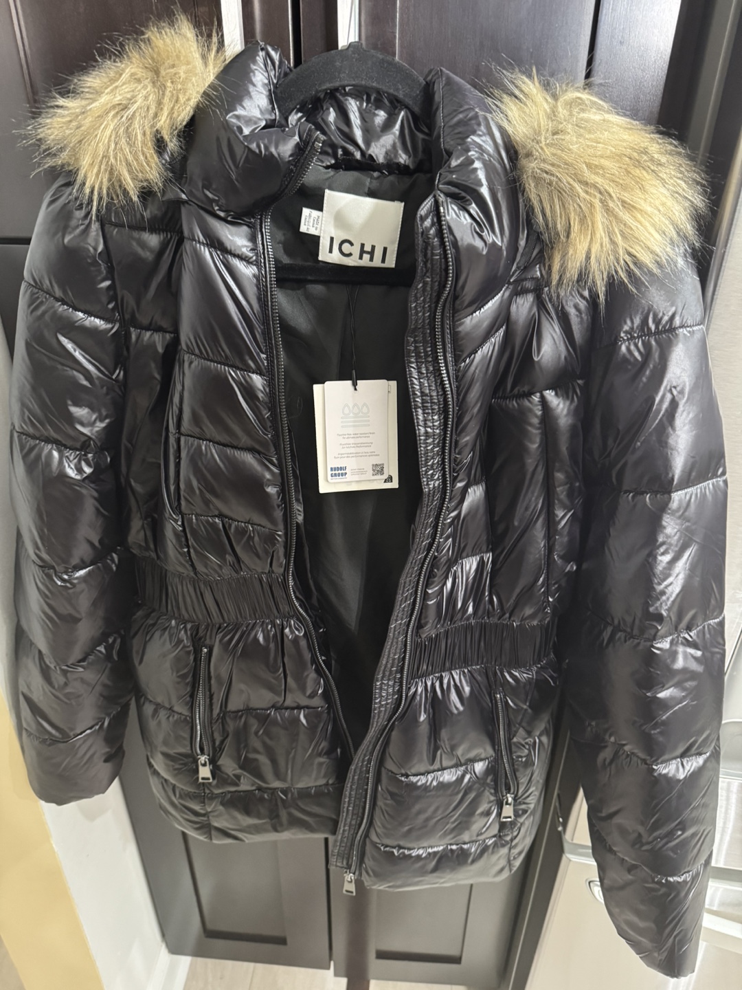 Black ICHI Puffer Jacket with Faux Fur Hood - photo 3