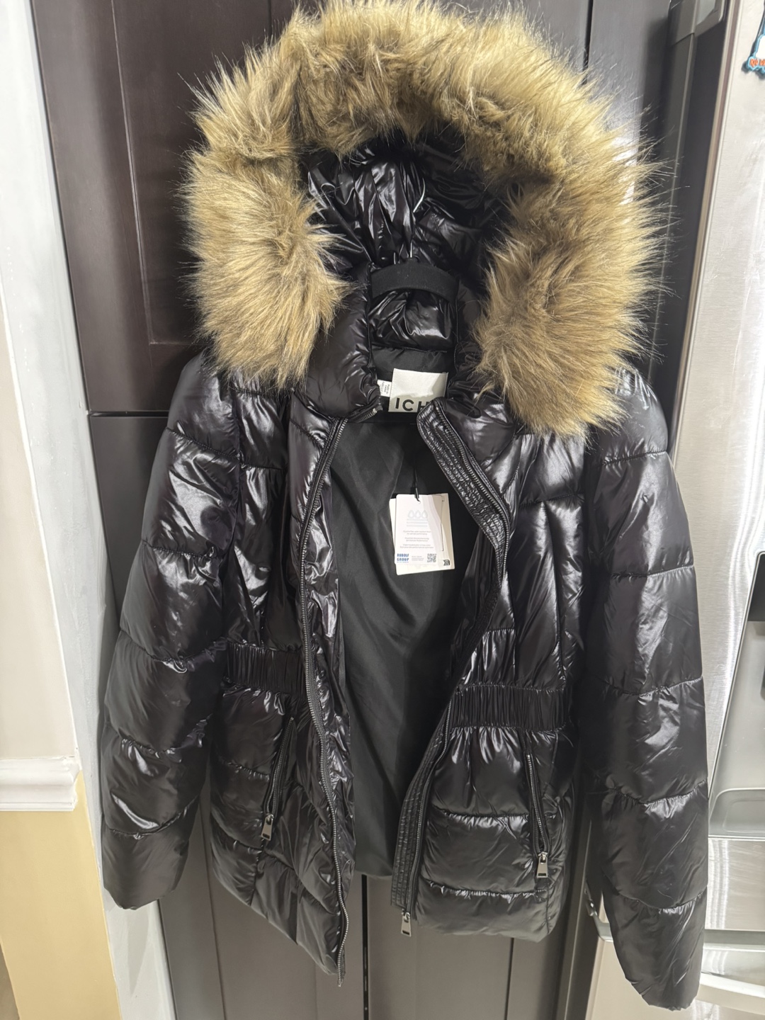 Black ICHI Puffer Jacket with Faux Fur Hood