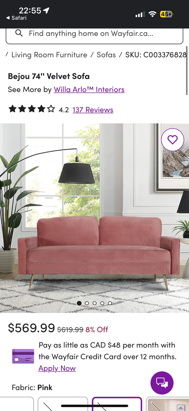 Wayfair Pink Velvet Sofa with Gold Legs - photo 2