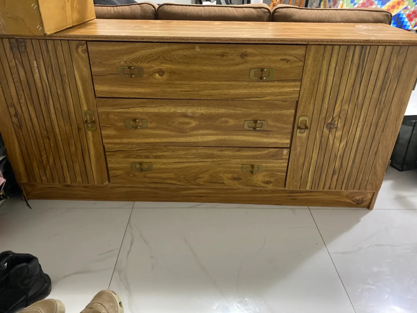 Wooden dresser with three drawers and two doors thumbnail