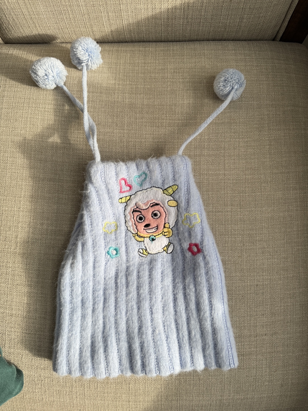 Blue Knit Hat with Sheep Embroidered Design