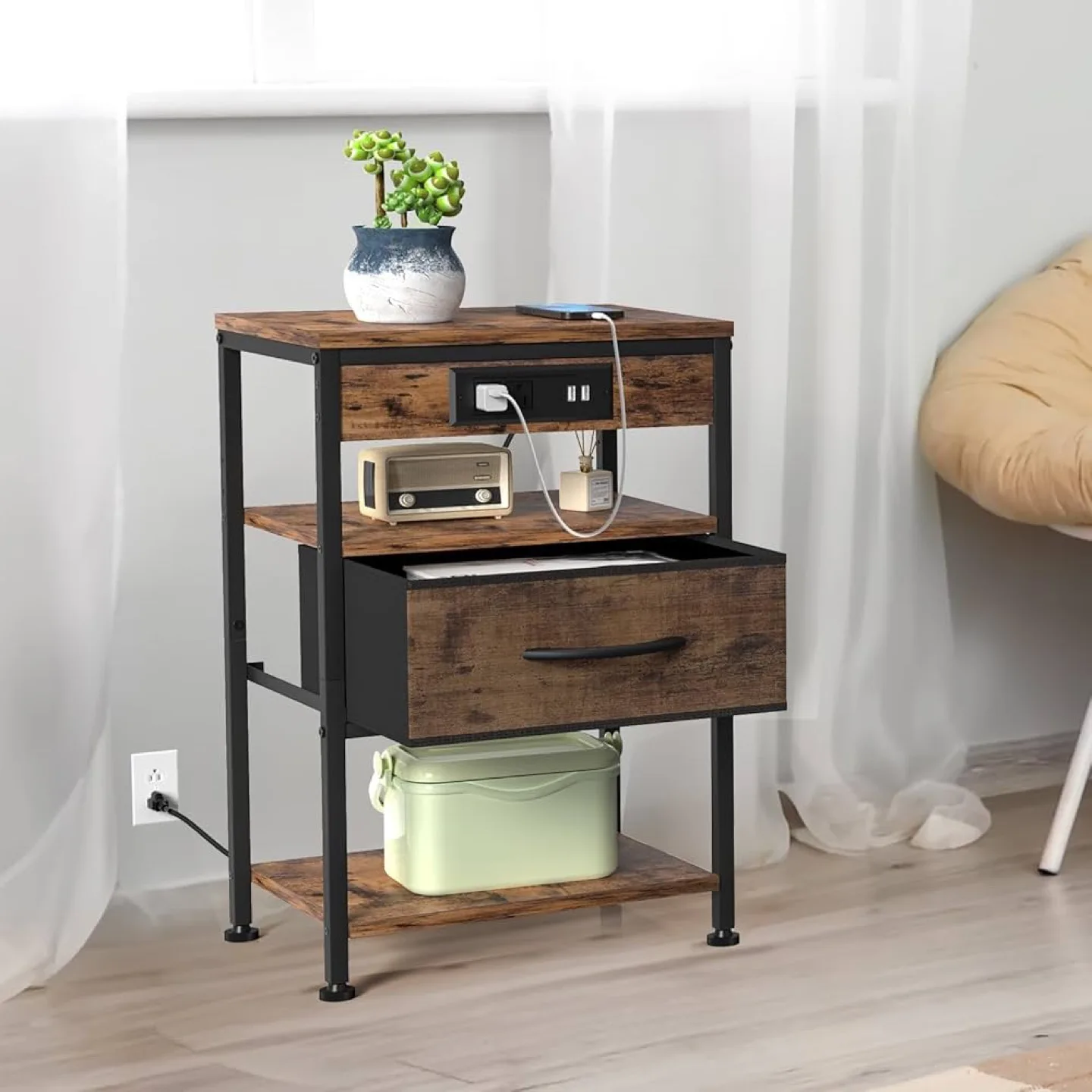 Rustic Nightstand with Outlets and Drawer image indicator(4)