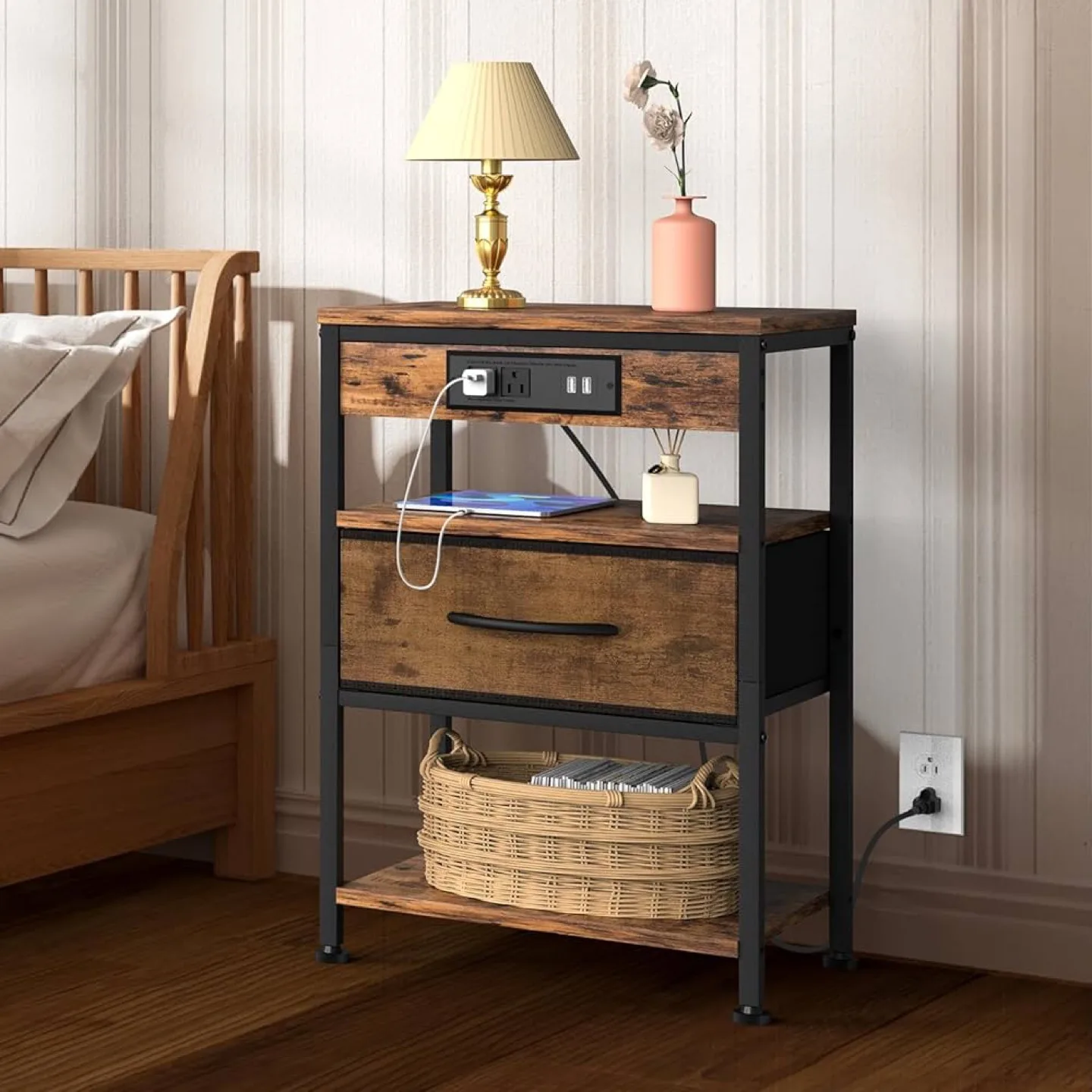 Rustic Nightstand with Outlets and Drawer image indicator(2)