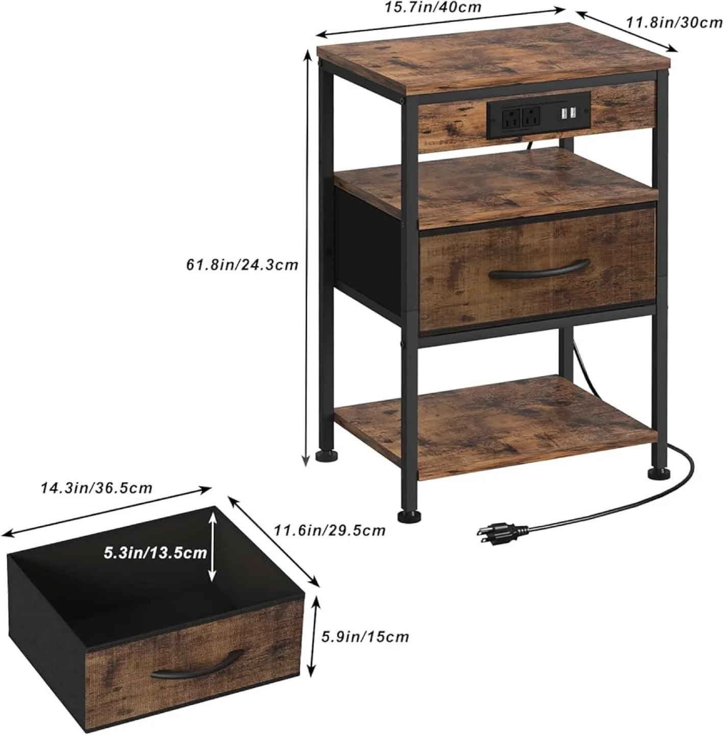 Rustic Nightstand with Outlets and Drawer image indicator(3)