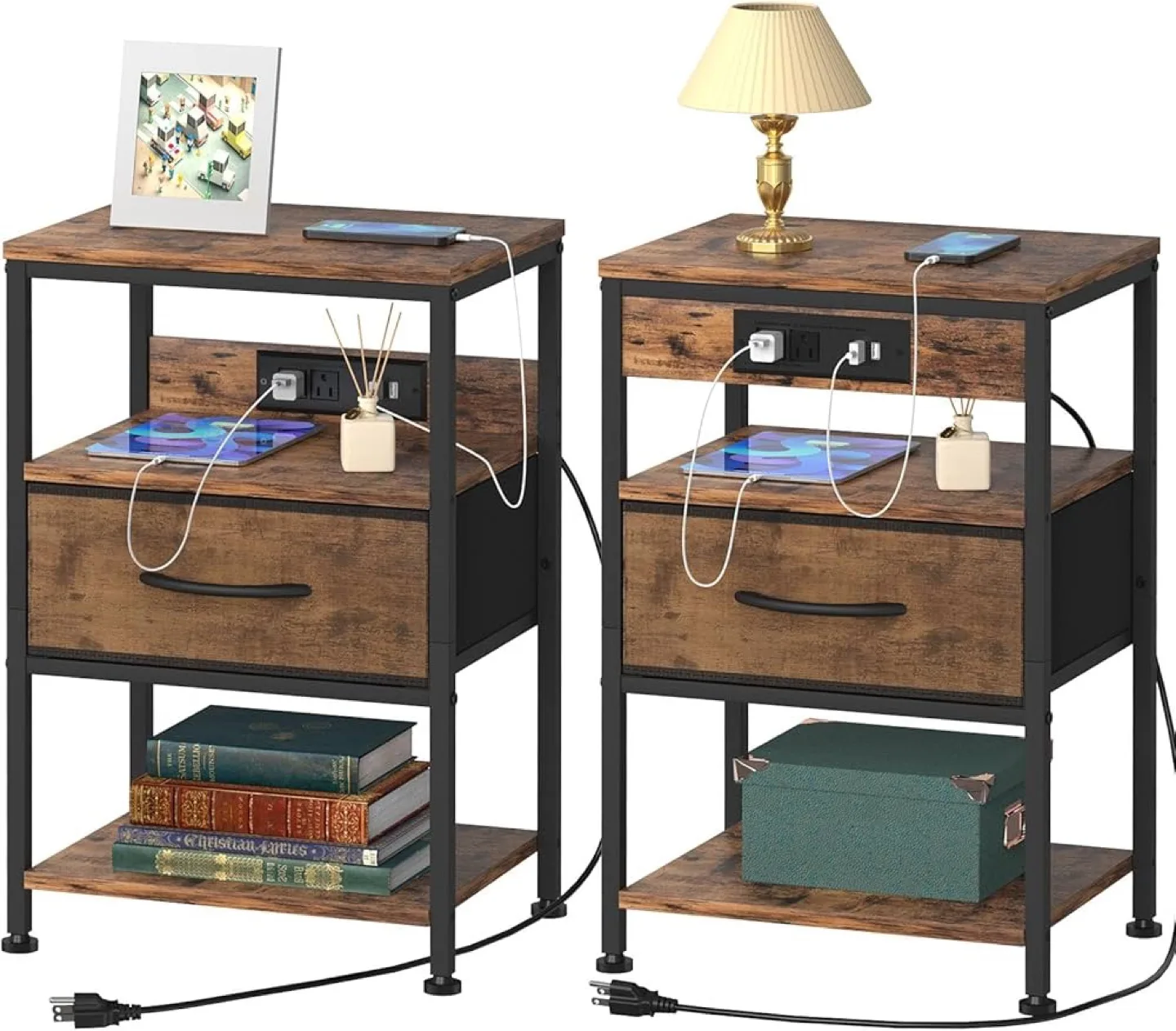 Rustic Nightstand with Outlets and Drawer thumbnail