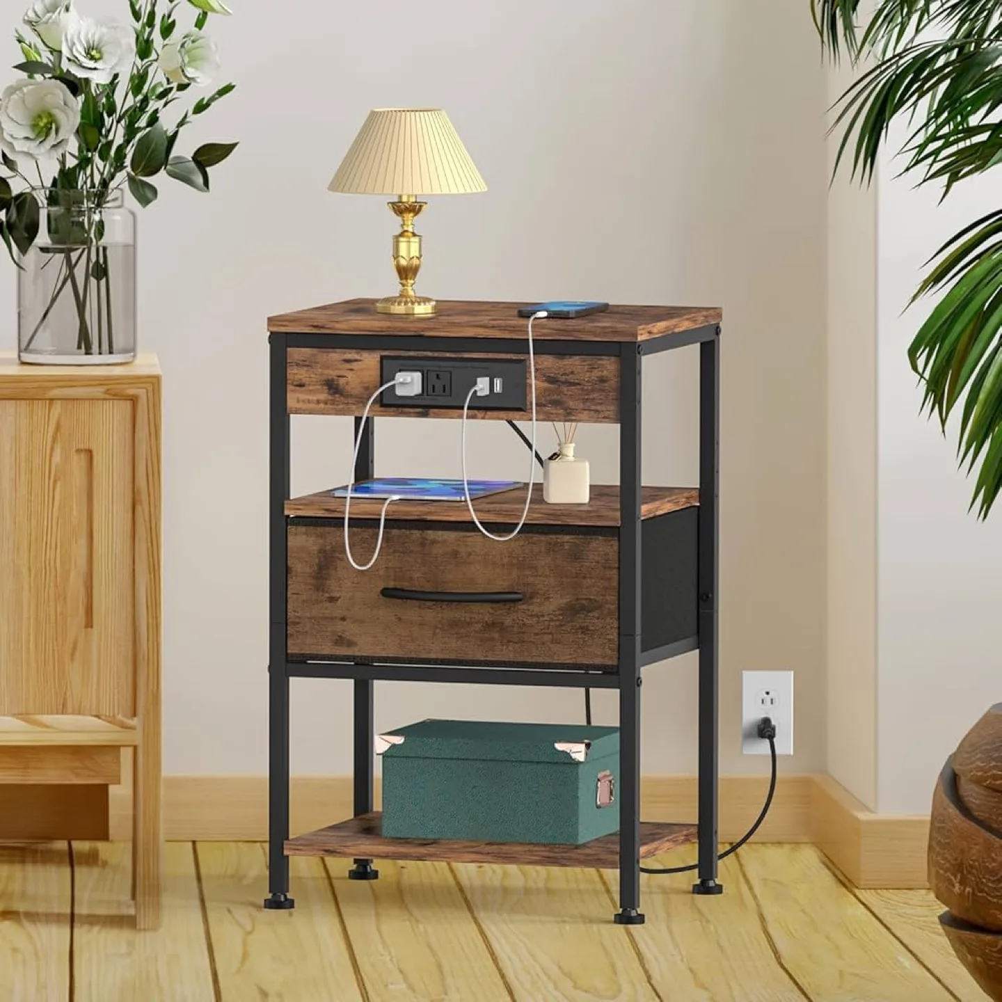 Rustic Nightstand with Outlets and Drawer image indicator(5)