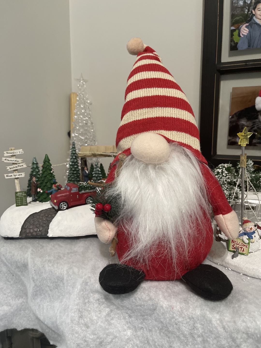 Christmas Gnome with Hat Holding Pine & Berries