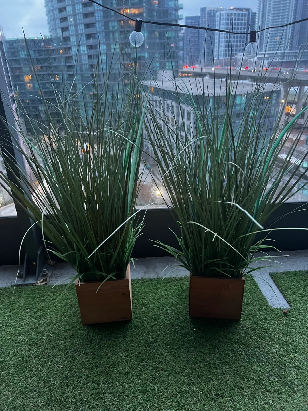 Two Faux Grass Plants in Wooden Pots thumbnail