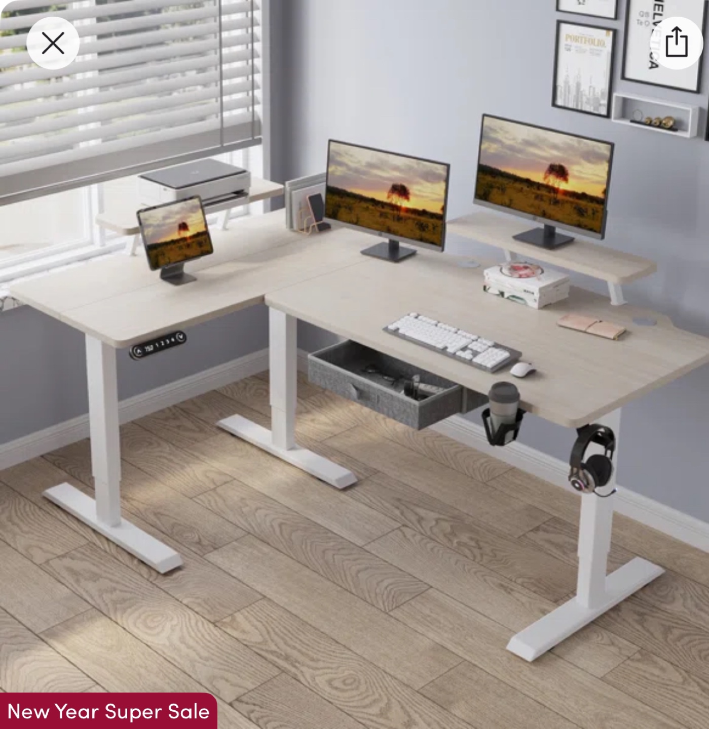 L-Shaped Electric Standing Desk with Drawer